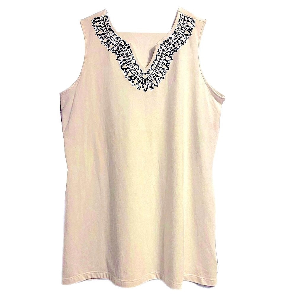 New Gorgeous White Sleeveless Top Blue Embroidery XL V-neck Layering Office Wear